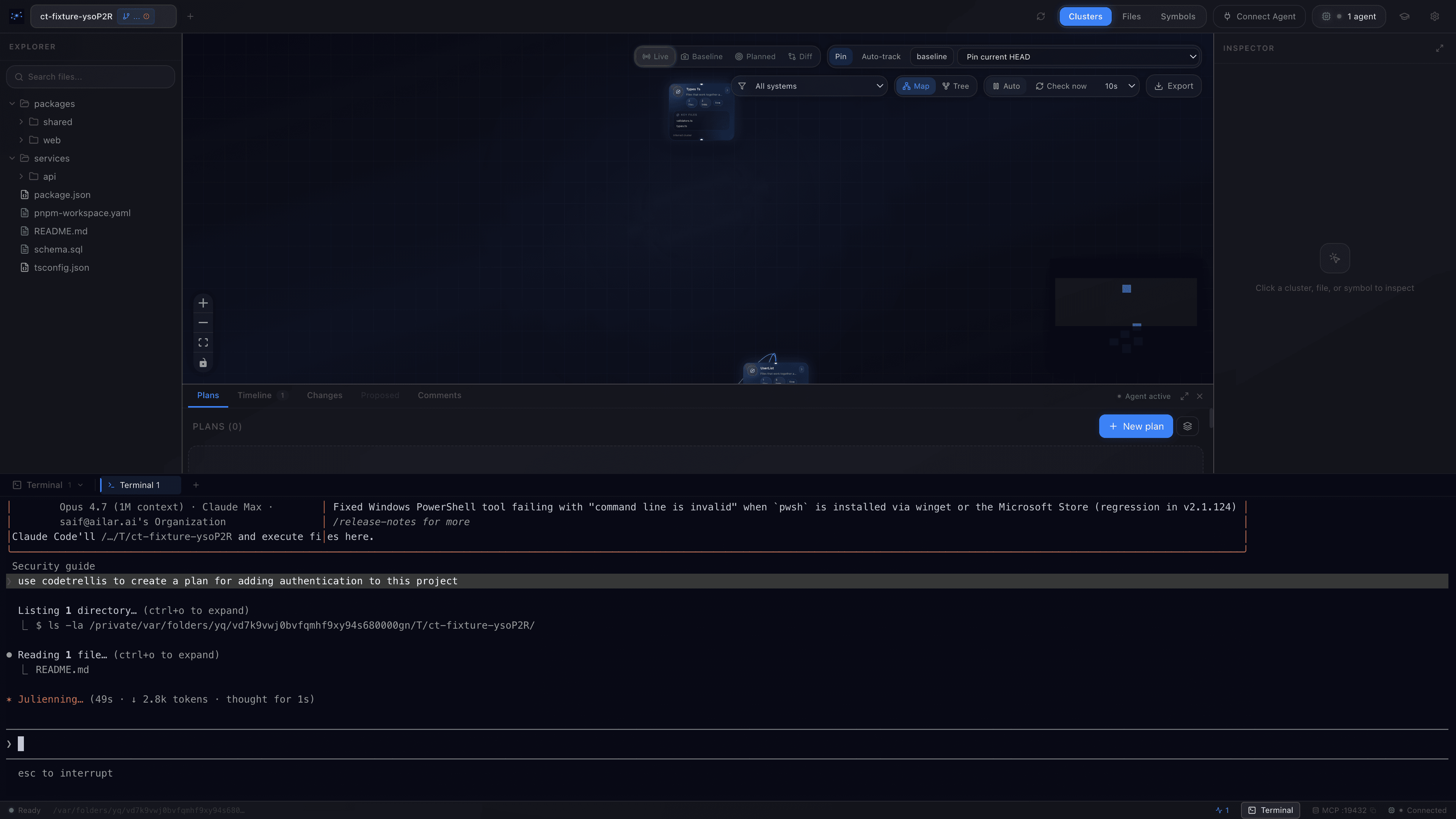 Built-in terminal running a Claude Code session inside CodeTrellis